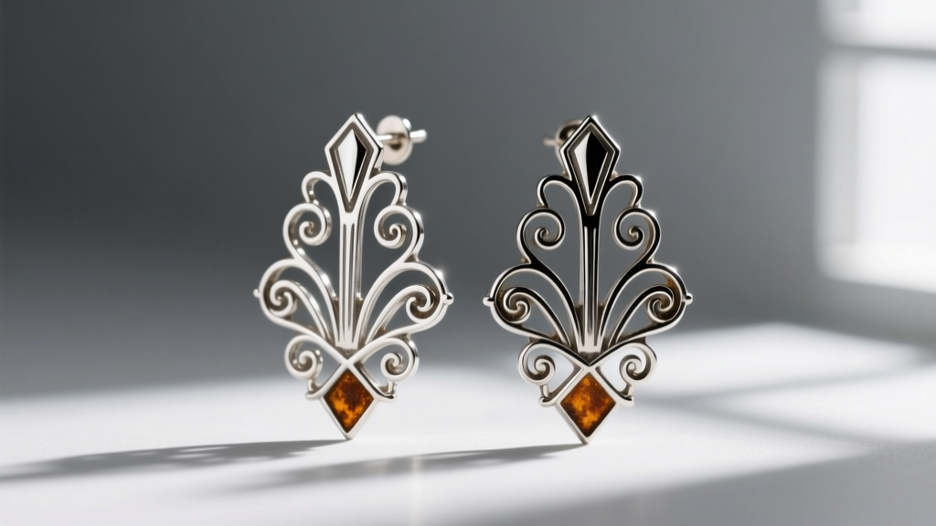 Close-up of Art Deco vintage silver filigree earrings, showing polished high points and dark sulfur tarnish in deep recesses.