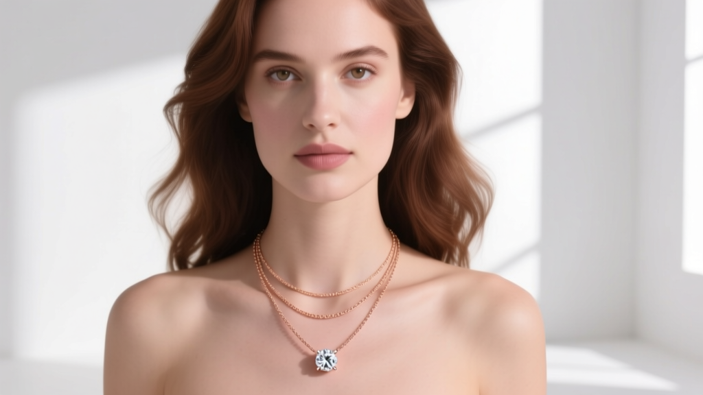 Elegant woman wearing a layered necklace featuring a delicate 14k rose gold chain that holds a vintage diamond engagement ring
