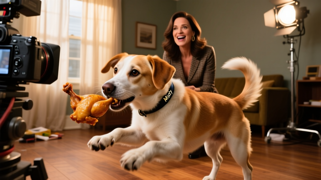 Watch Misty the Rescue Dog Foil Her Mom's TV Appearance By Trying to Eat Some Delicious On-Set Chicken
