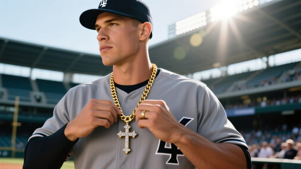 Pro baseball player in grey uniform adjusting a 12mm gold Cuban chain and diamond cross pendant under stadium lights.