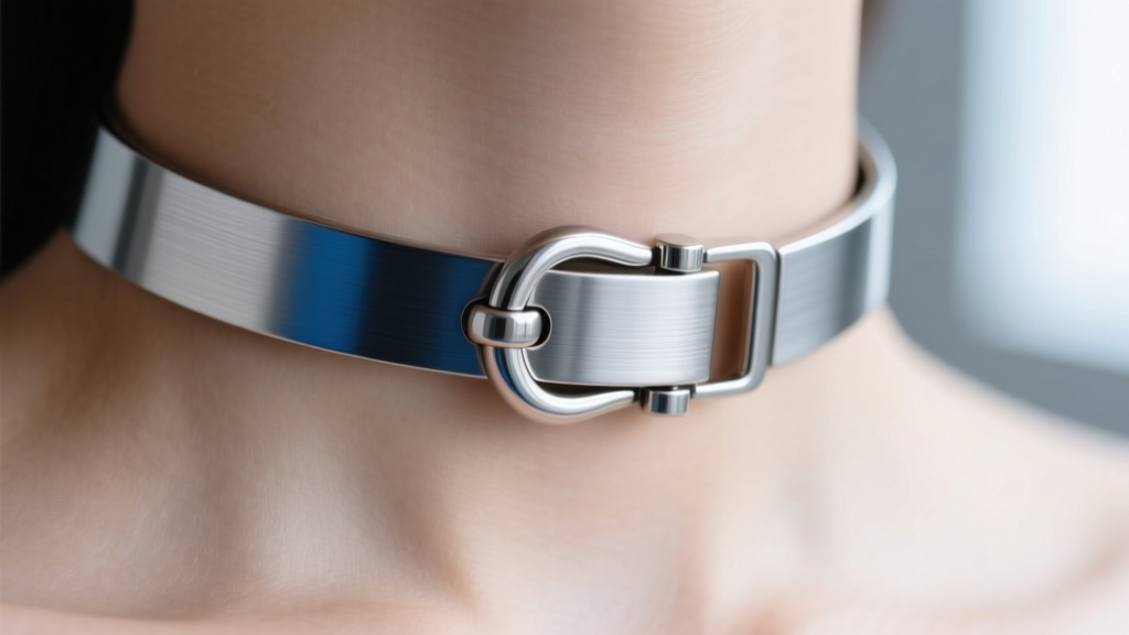 Macro shot of a titanium choker lobster clasp showing the brushed metal finish and secure closure resting against bare skin