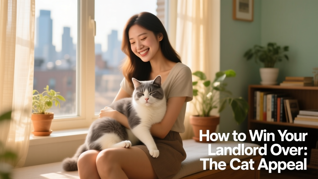 A person smiling gently while holding a relaxed cat; both sit near a window with soft natural light, suggesting comfort and emotional connection