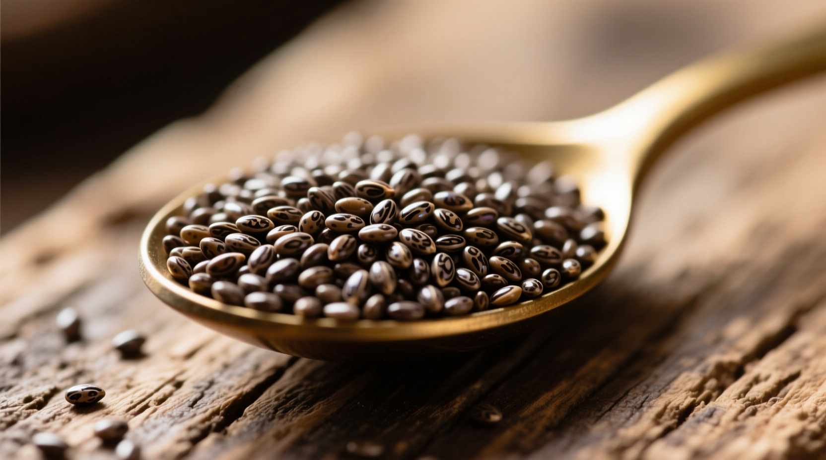 Chia seeds in measuring tablespoon on wooden surface