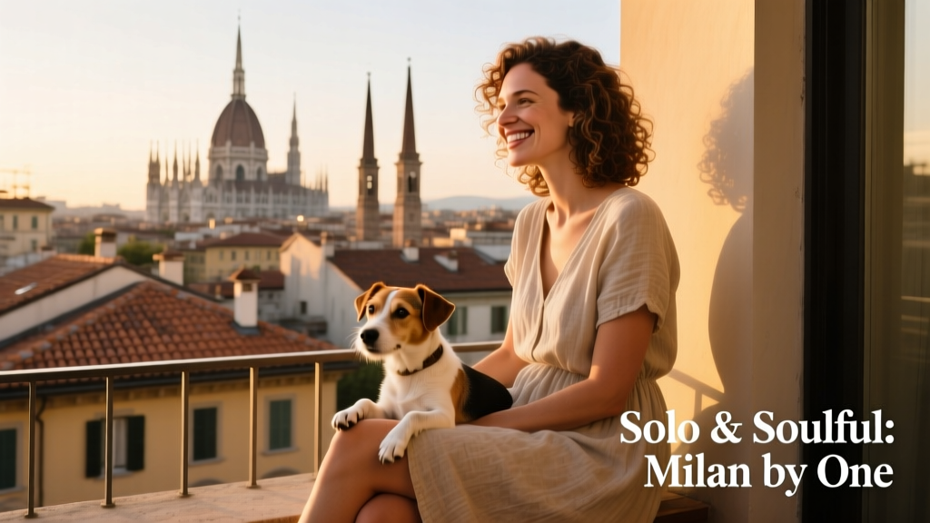 A smiling woman relaxing on a balcony overlooking Milan’s rooftops with a small dog beside her