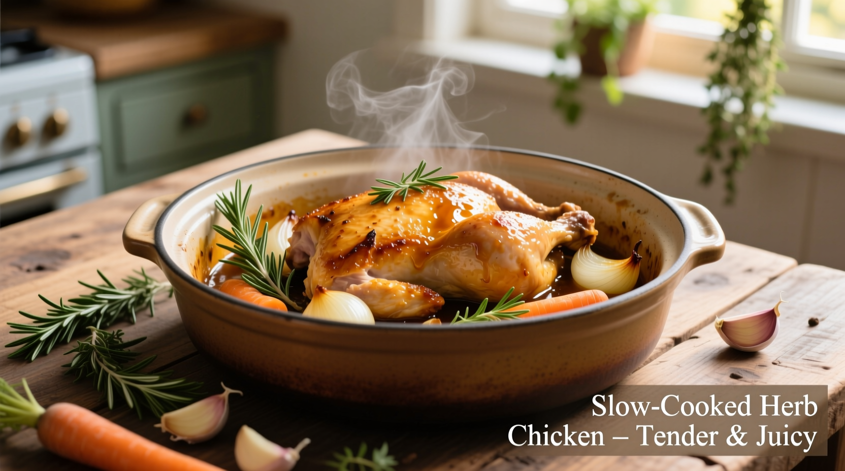 Juicy cooked chicken breast in crockpot with herbs