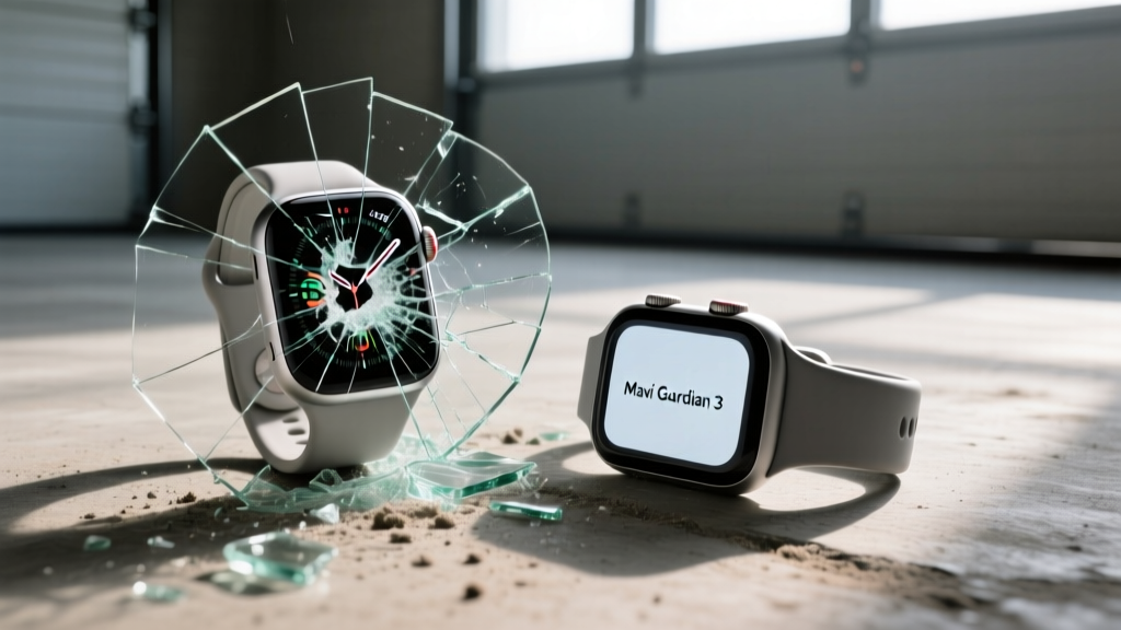 Drop test showing a shattered standard smartwatch screen next to an intact Mavi Guardian 3 on a concrete garage floor
