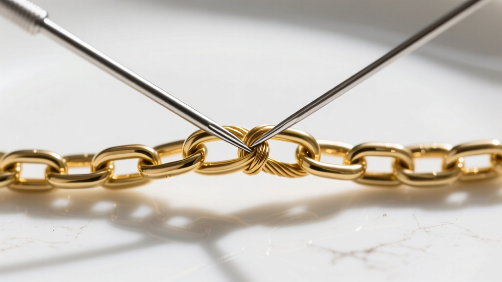 Close-up of two sewing needles gently prying apart a knotted gold cable chain on a white ceramic surface under bright daylight
