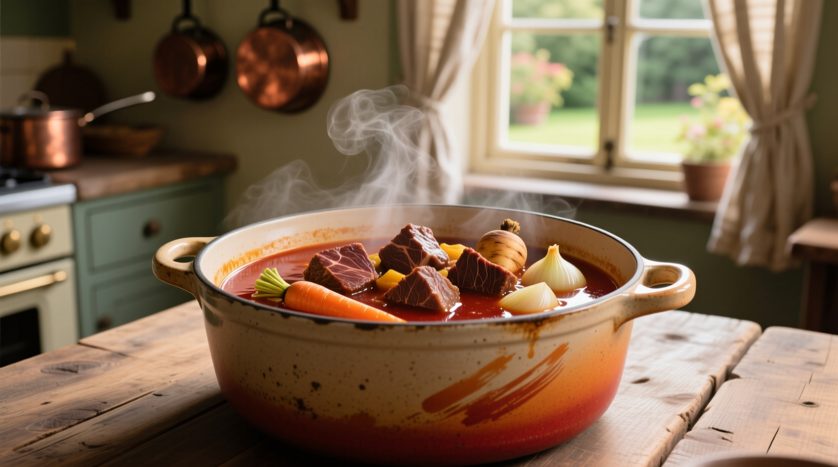 Perfectly tender beef stew in ceramic pot