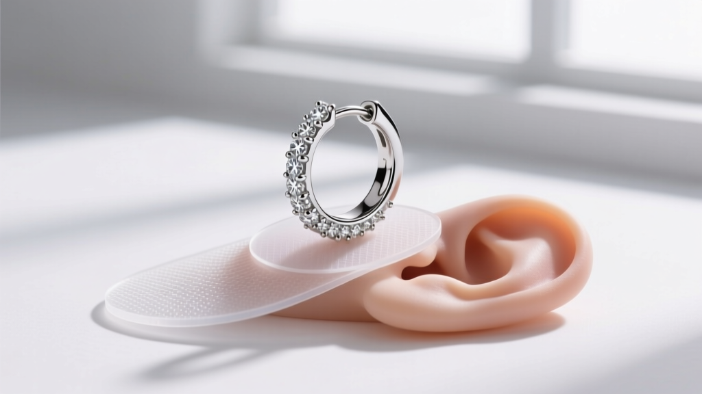 Photo showing the weight distribution of a 60mm diamond hoop earring resting on a reinforced silicone earlobe support patch