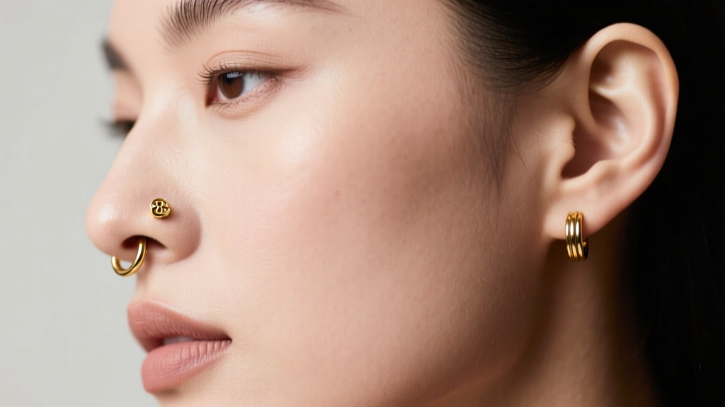 Side profile of a model wearing an 18g gold nostril hoop, showing proper 8mm diameter fit without touching the nasal crease.