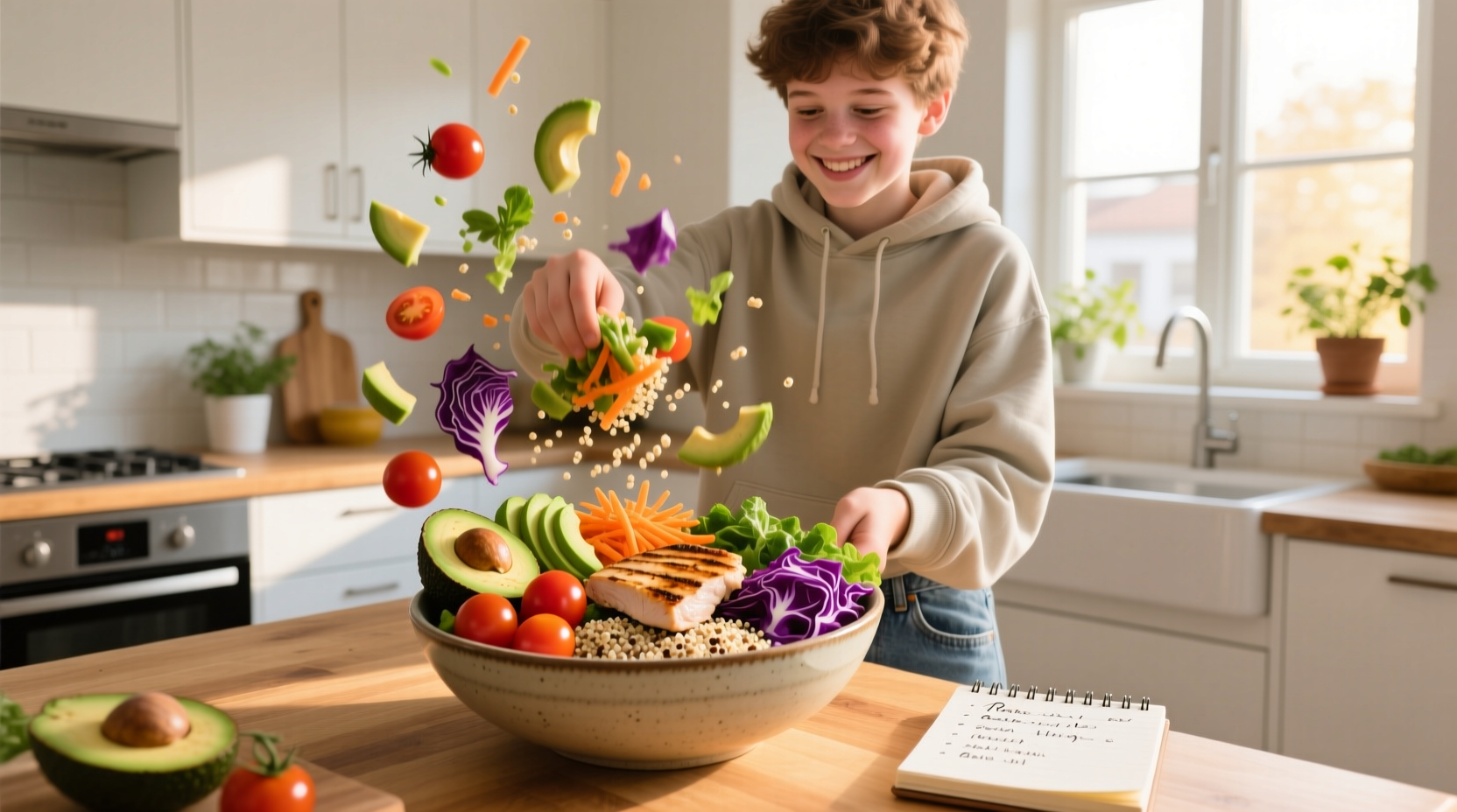 Teenager preparing colorful vegetable and protein bowl