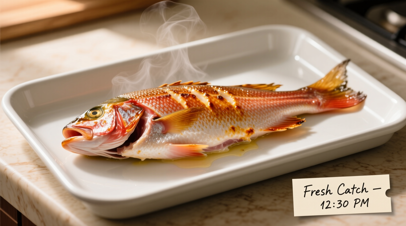 Perfectly cooked red snapper fillet on baking sheet