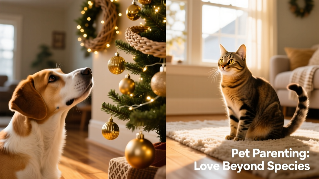 Holiday decorations viewed from a dog’s eye level on the left, and a cat’s eye level on the right