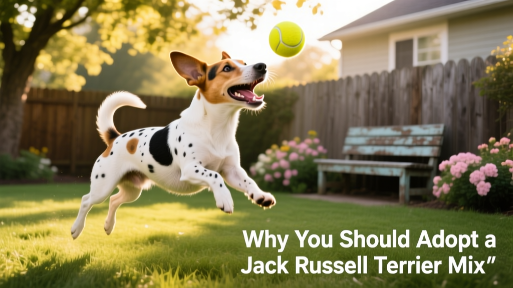 A joyful, medium-sized Jack Russell Terrier mix playing fetch in a sunlit backyard
