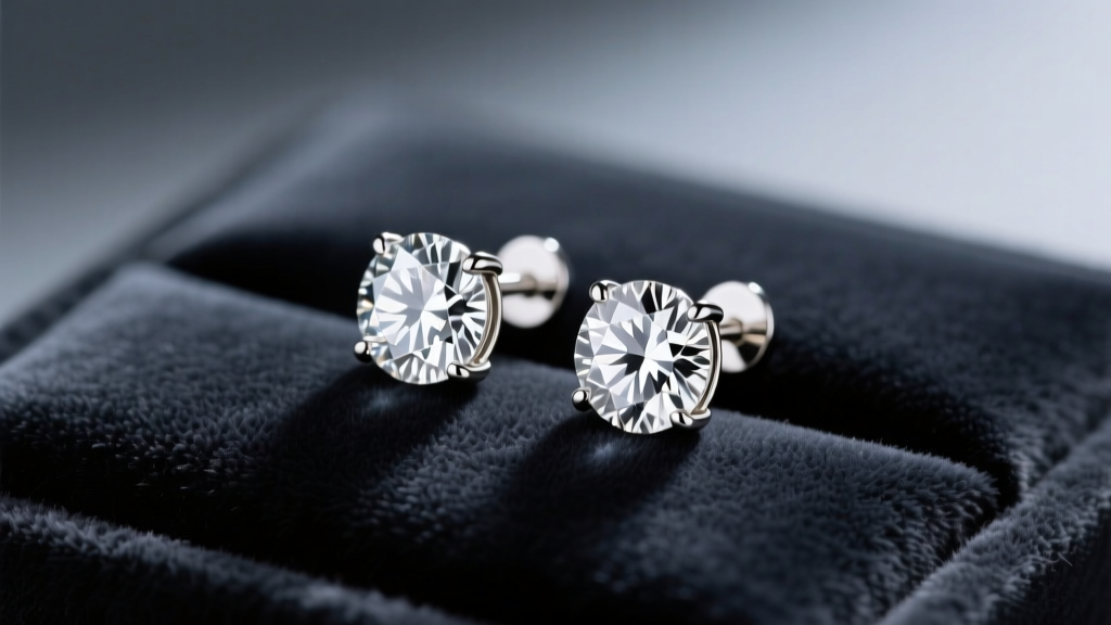 0.50 ctw round brilliant diamond stud earrings in 14k white gold martini settings resting on a dark charcoal velvet display pad