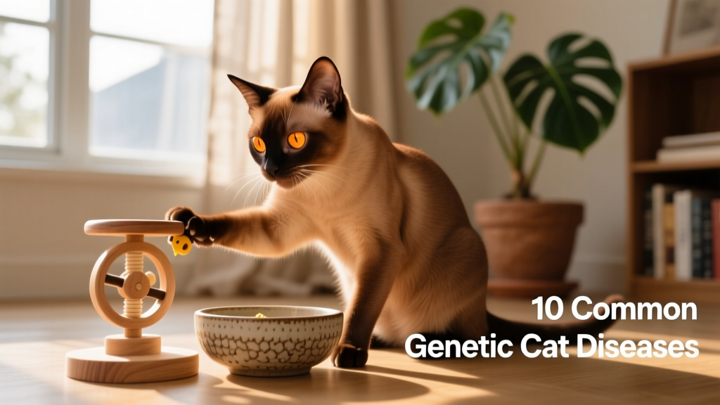 A Burmese cat playing with a puzzle feeder while eating from a shallow ceramic bowl