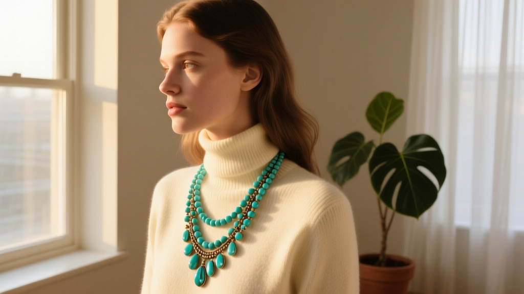 Side profile of woman wearing a 1970s bohemian vintage lariat necklace with turquoise beads wrapped over a cream turtleneck