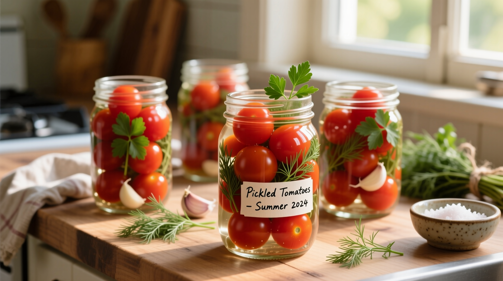 Fresh pickled cherry tomatoes in mason jars with herbs