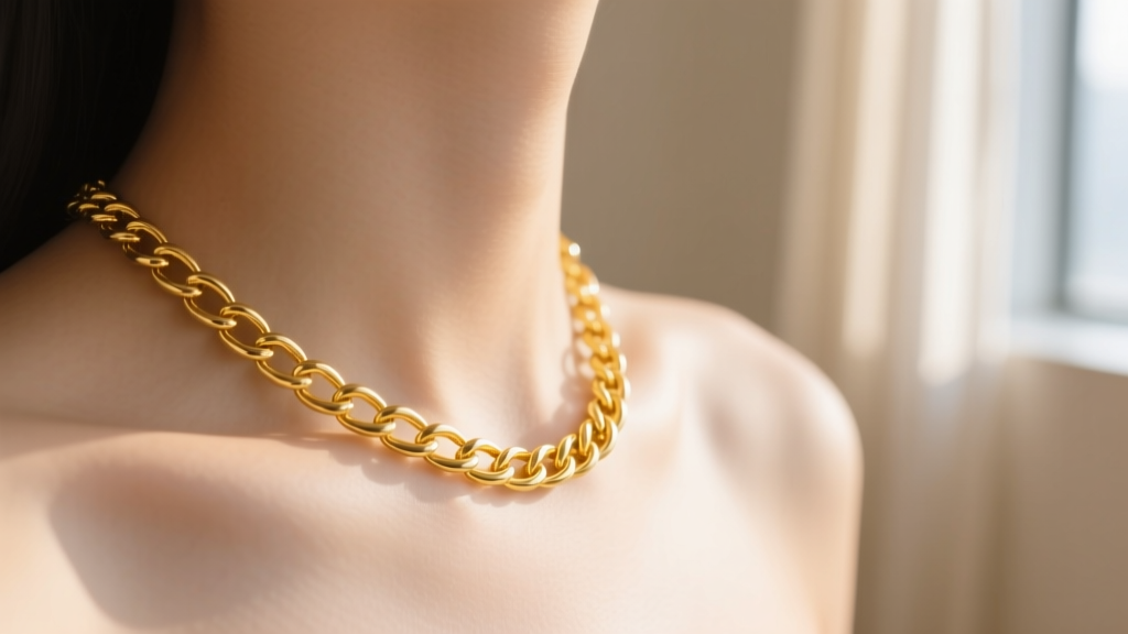Close-up of a delicate 14K yellow gold cable chain resting on a collarbone, catching soft natural window light, macro photography.