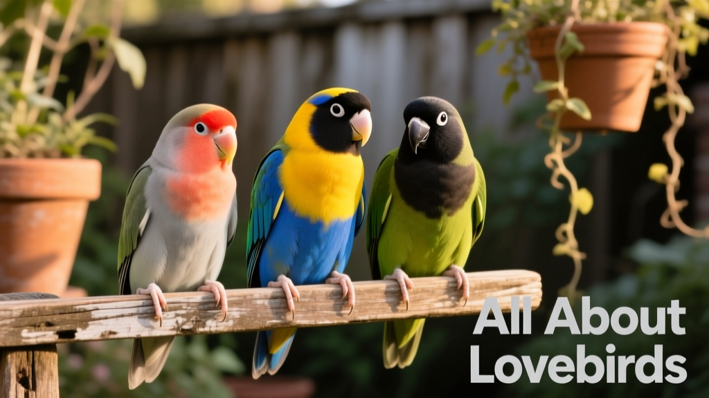 Three lovebirds—peach-faced, Fischer’s, and masked—side by side on a perch, showing their distinct facial markings and color patterns