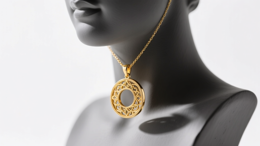Macro lens focused on a gold pendant necklace on a matte charcoal bust, illuminated by softboxes in a professional studio