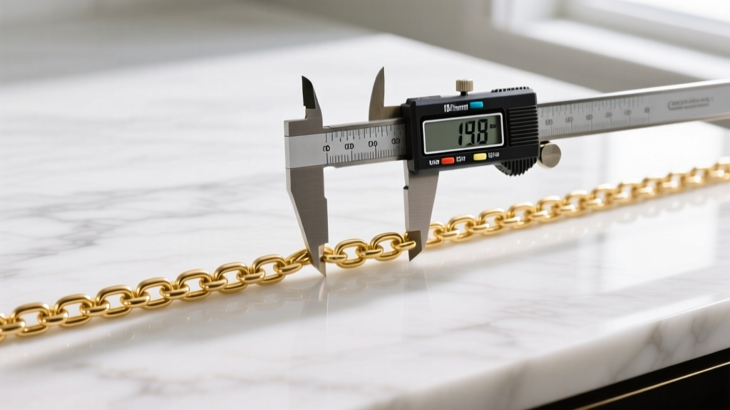 Close-up of digital calipers measuring an 18-inch 14k gold cable chain laid perfectly flat on a white marble jeweler's workbench