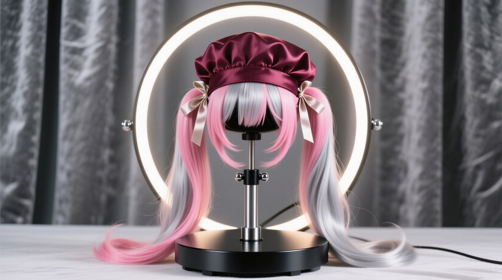 cosplay wig organization rotating stands satin caps