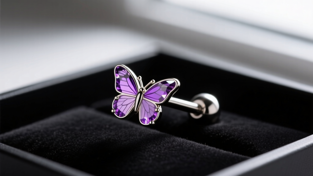 Macro shot of a 16-gauge titanium labret stud with a small amethyst butterfly top, resting on a dark velvet jewelry display tray
