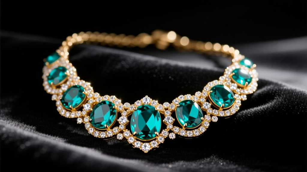 Macro shot of a gold-tone Ann Taylor statement necklace with teal glass cabochons and crystal pavé, resting on dark velvet fabric.