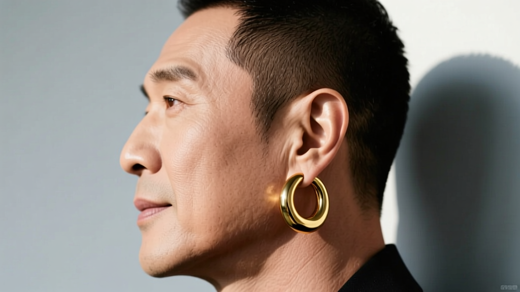 Side profile of a man with a fade haircut wearing a 30mm chunky gold hoop earring, highlighting the masculine jawline and earlobe