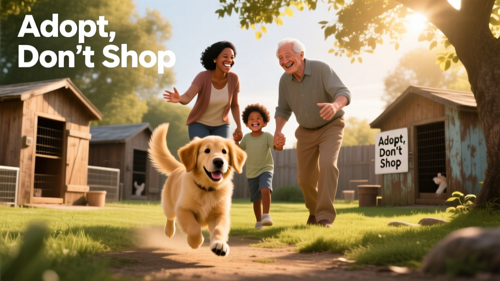 A joyful family meeting their newly adopted dog at a sunny shelter yard