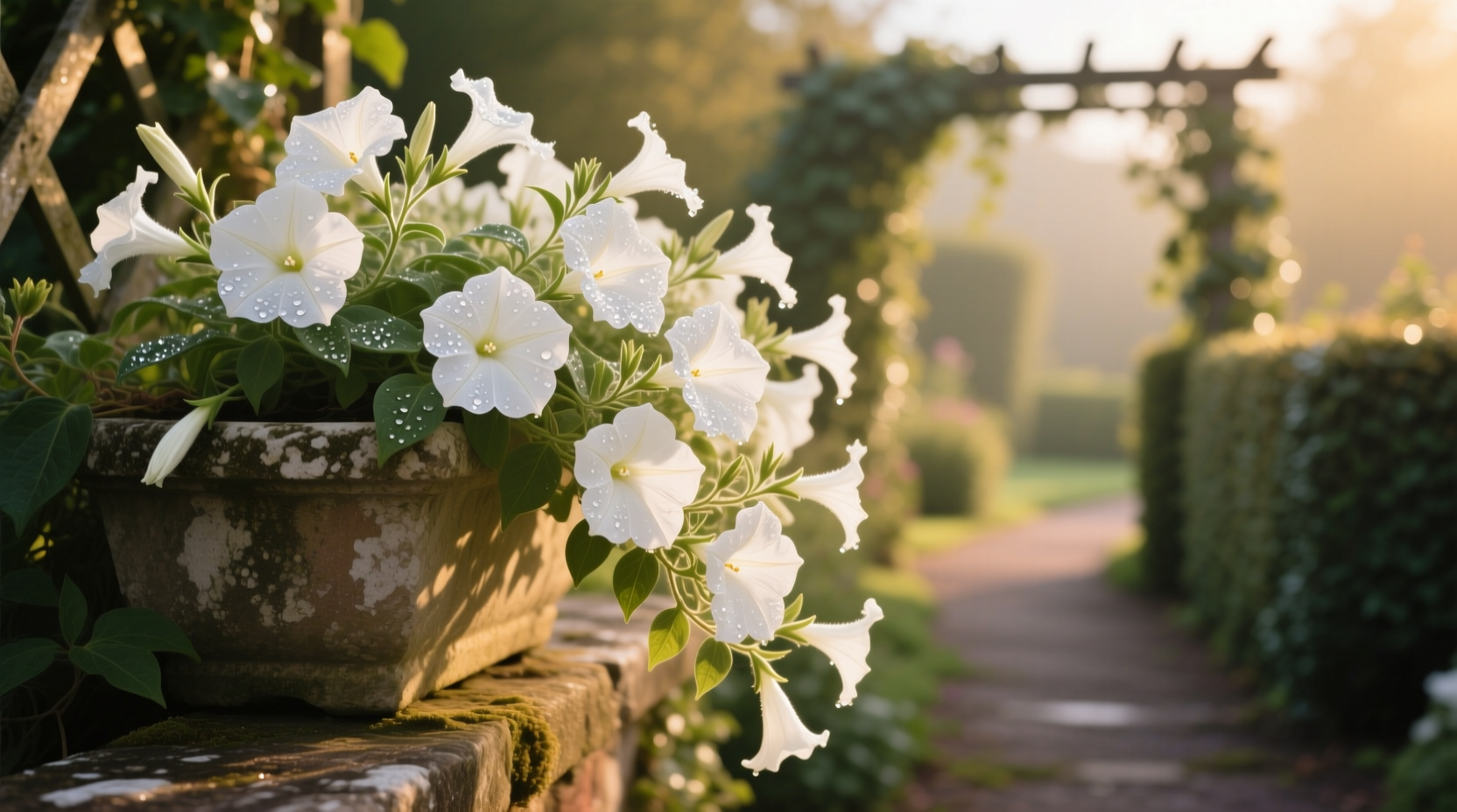 trailing white petunias