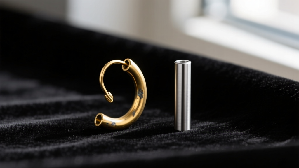 Macro shot of a bent 22-gauge brass earring post next to a straight 16-gauge titanium post on a dark velvet surface.