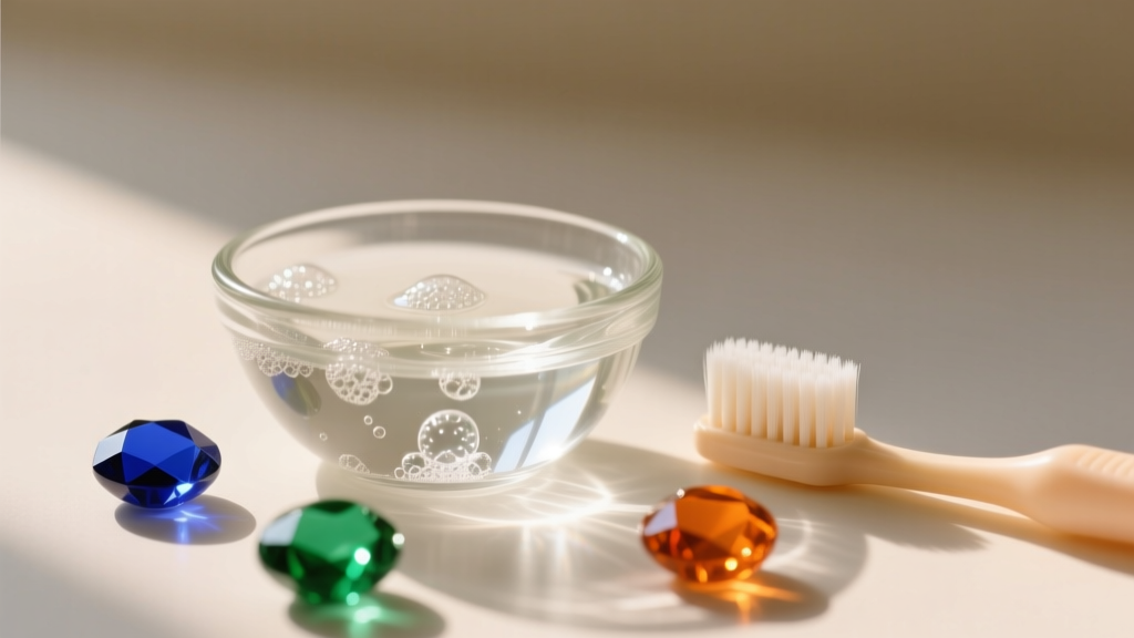 Small glass bowl filled with mild soapy water and a soft-bristled baby toothbrush resting beside vibrant faceted glass beads