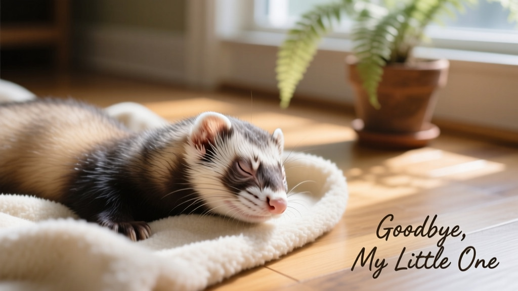 Senior ferret resting peacefully on a soft blanket, eyes half-closed, in gentle natural light