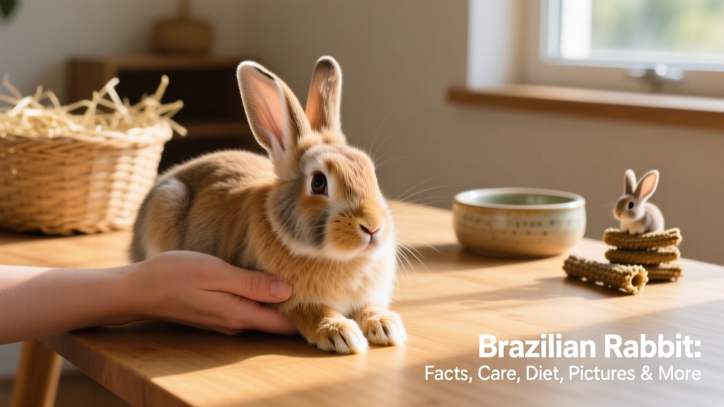 A happy Brazilian rabbit resting peacefully beside its owner’s hand, illustrating trust and gentle interaction