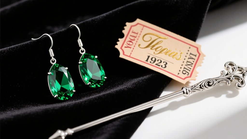 Glamorous flat lay of emerald green tourmaline drop earrings on dark velvet next to a vintage theater ticket and silver wand prop