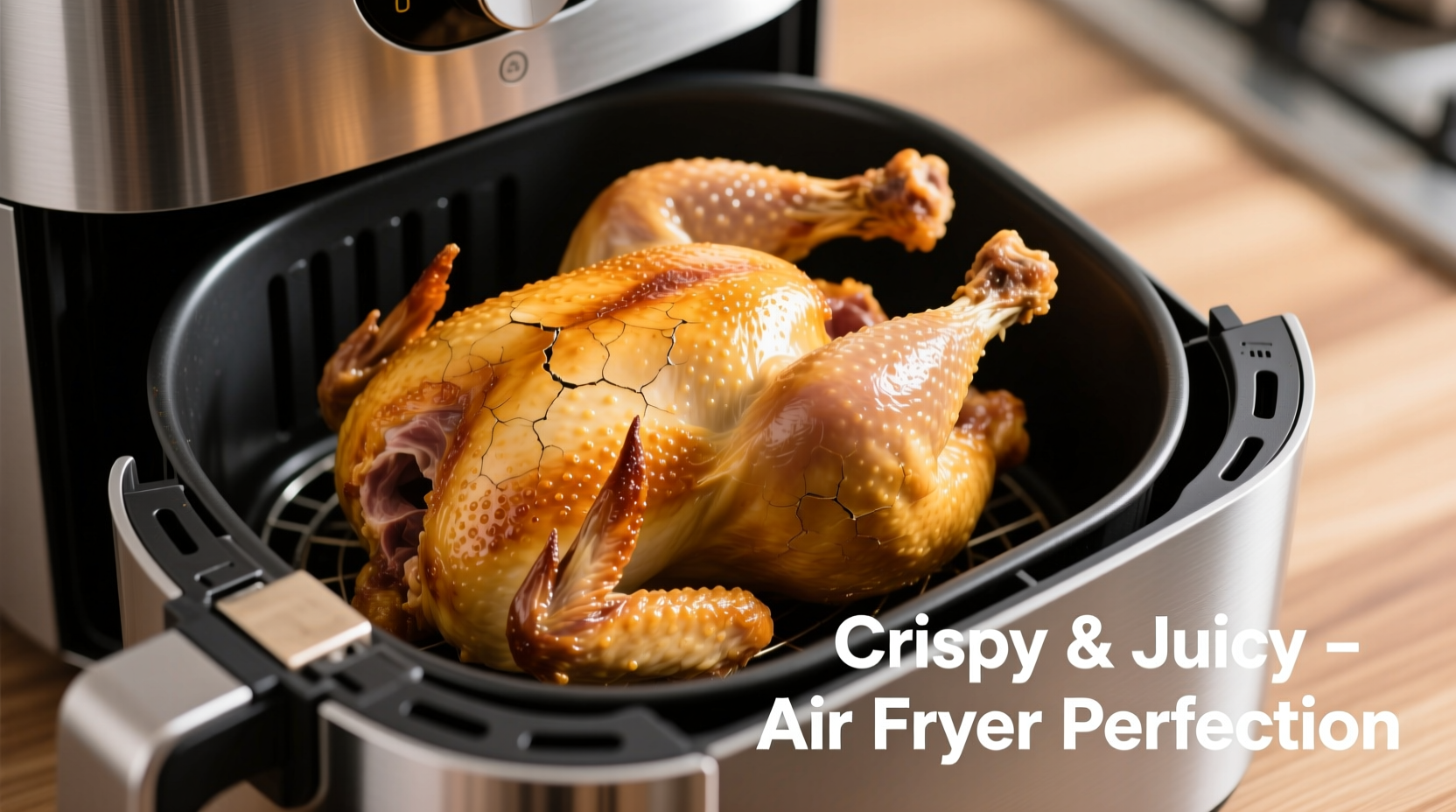 Golden brown whole chicken in air fryer basket with crispy skin