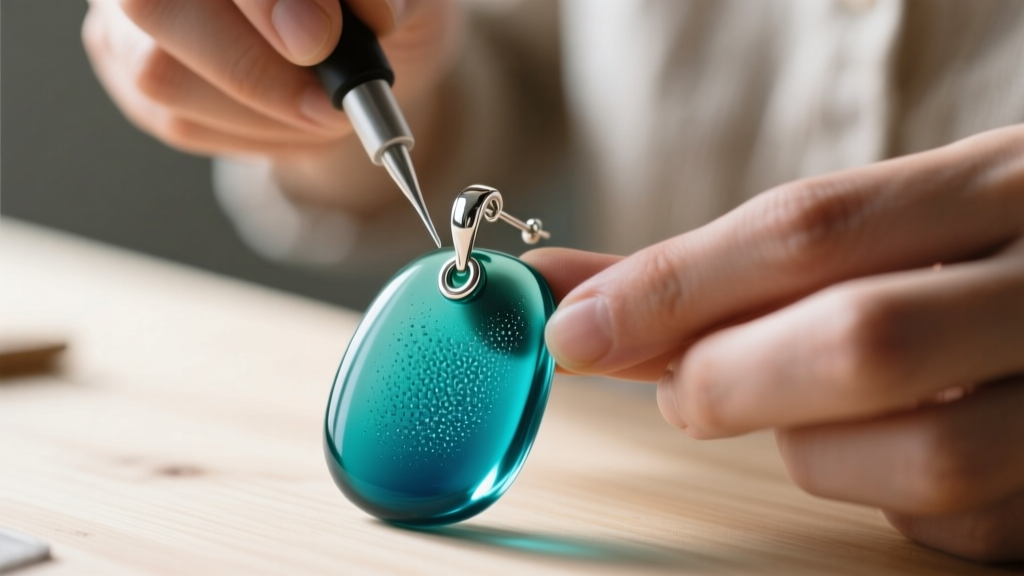 Close up of hands applying clear epoxy to a silver bail on a teal fused glass earring, showing sanded texture on the glass back.