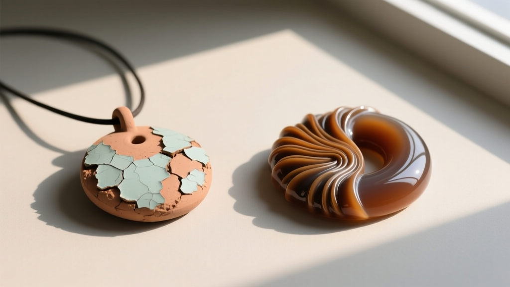 Flat lay of a cheap clay pendant with peeling varnish beside an artisan polymer clay piece with a smooth matte resin finish