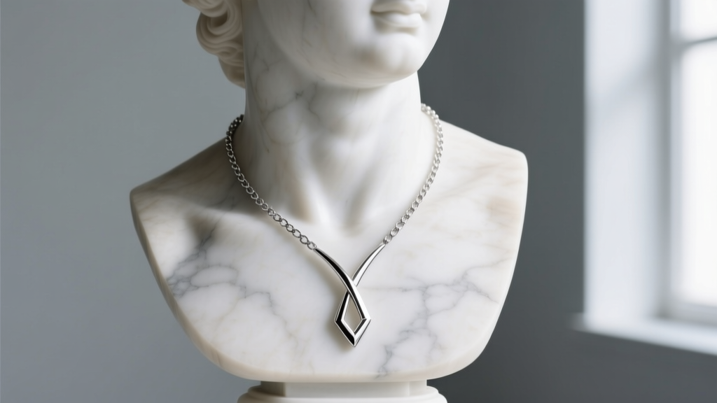 Y necklace silver draped on a marble bust, highlighting the lariat drop junction and polished sterling links in soft studio light