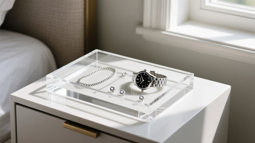Clear acrylic jewelry organizer tray on modern nightstand, holding silver chains, diamond studs, and a minimalist steel watch.