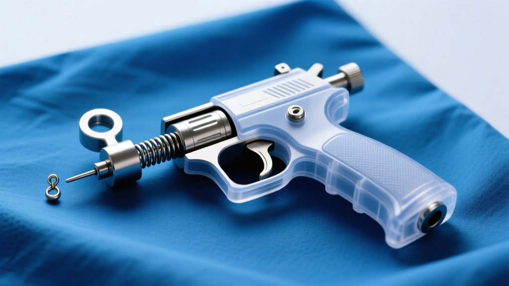 Close-up of a plastic spring-loaded earring piercing gun on a blue medical drape under bright clinical studio lighting setup.