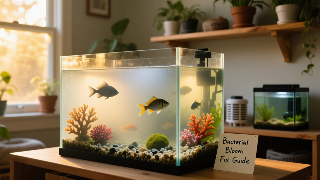 Aquarium with cloudy, milky water obscuring view of fish and decorations