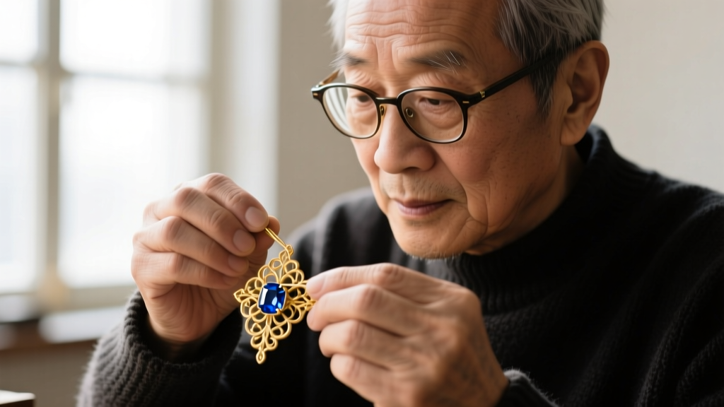 Close-up of a jeweler's loupe examining the French eagle's head hallmark stamped inside an 18k yellow gold vintage signet ring.