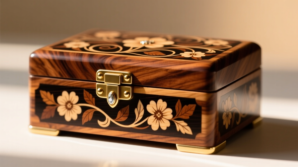 Close-up of a mid-century burl wood vintage floral jewelry box showing intricate marquetry inlay and polished solid brass hinges.