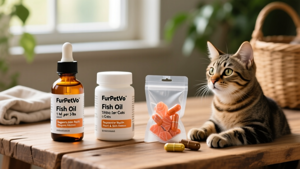 Side-by-side comparison of three FurPetVo fish oil products—liquid, capsule, and chew formats—with clear labeling and dosing instructions