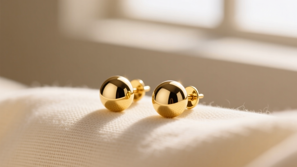 Macro shot of 5mm 18k yellow gold dome ear bud earrings on cream linen, softly lit to highlight smooth metallic luster.