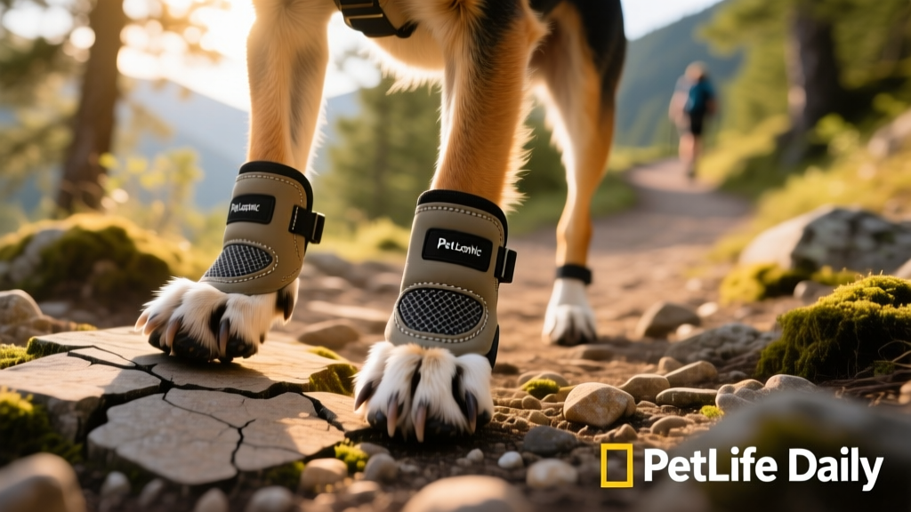 Close-up of a dog’s paws wearing durable, adjustable booties on a rocky trail