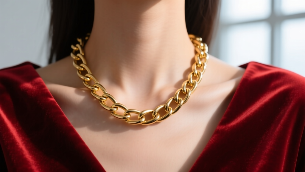 Close-up of a collarbone showing a chunky 14k gold paperclip chain resting against deep red velvet fabric in studio light
